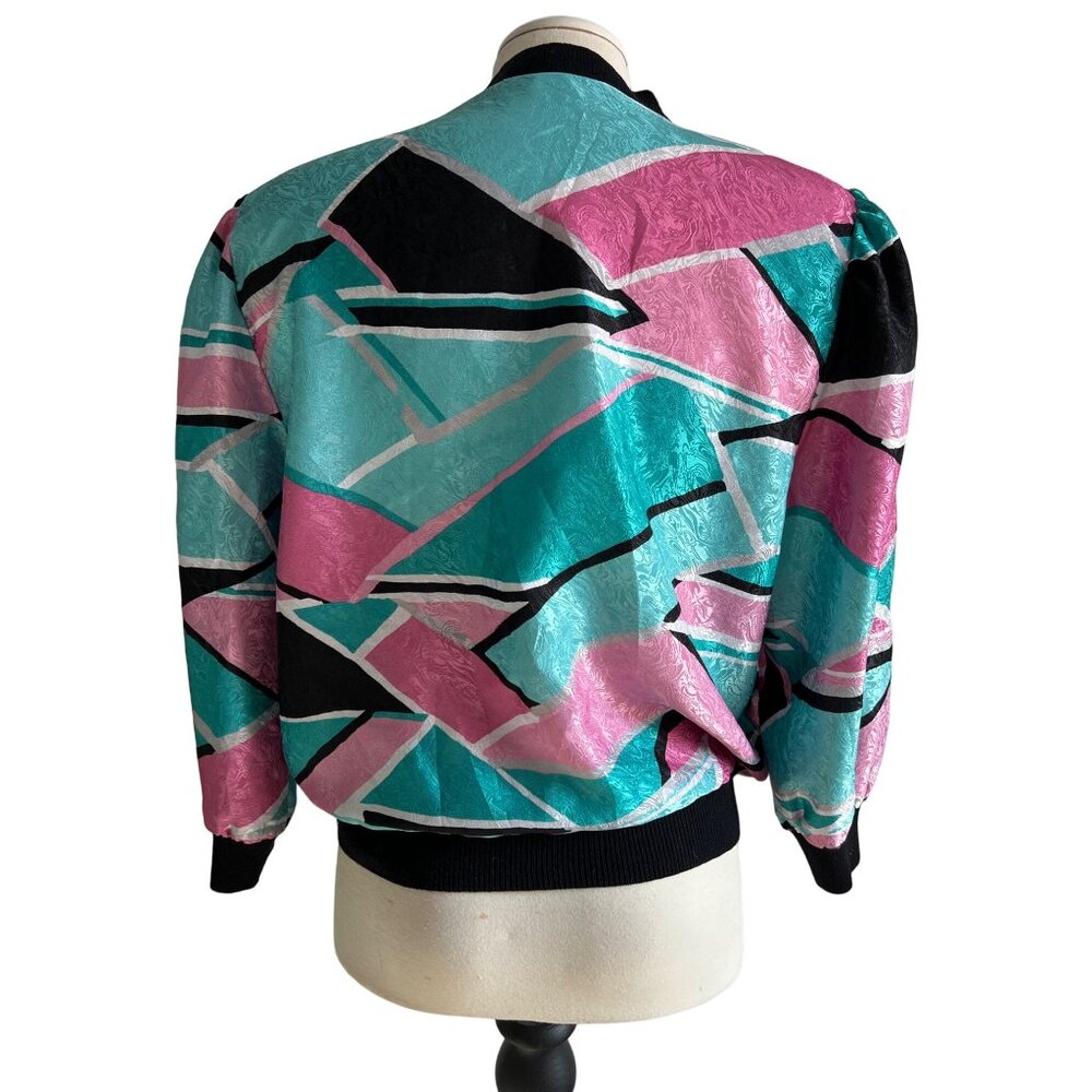 Vintage Anastasia Silky Bright VNeck Blouse Sz Medium Petite Colorful Pink & Bla - Picture 2 of 14